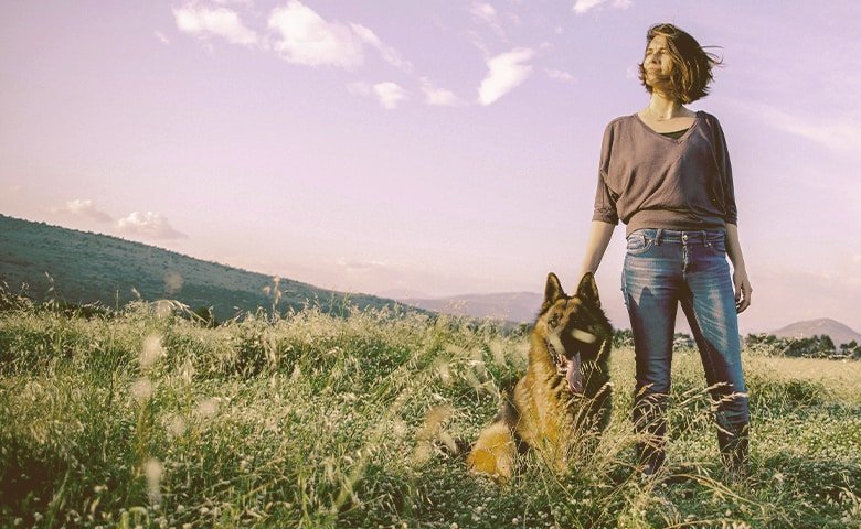 German Shepherd Dog with his owner in a field