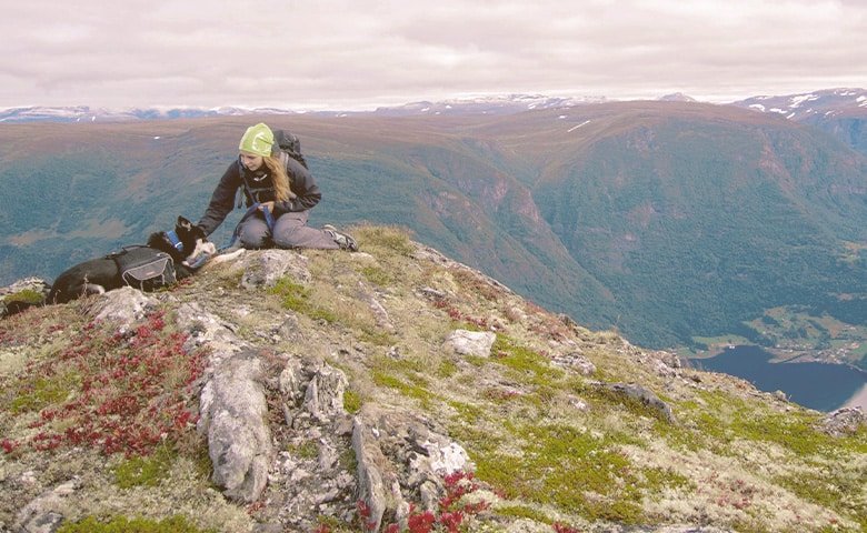 girl and her dog on the top of a mountain