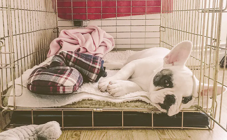 French-Bulldog-inside-a-crate Dog eating from bowl on kitchen floor