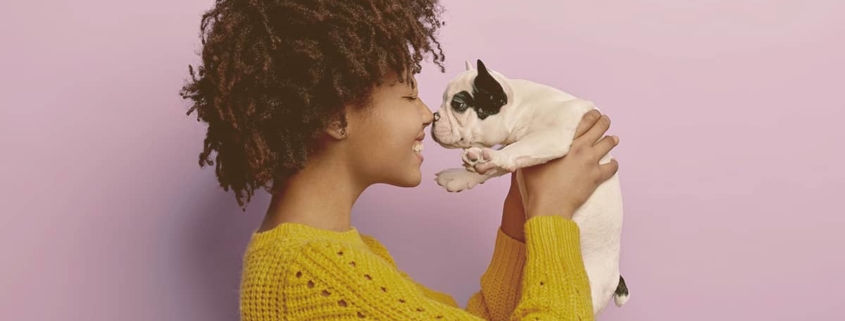 girl holding a French bulldog