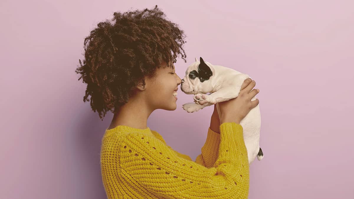 girl holding a French bulldog