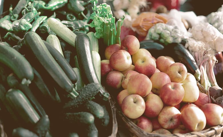 baskets of fruits and vegetables