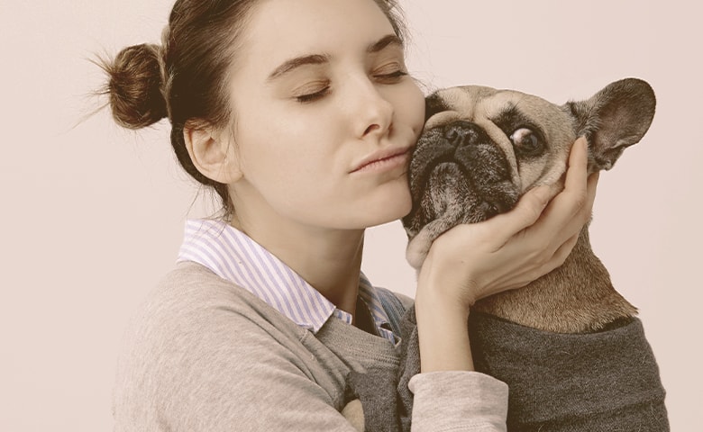 girl pressing her cheek to French bulldog girl pressing her cheek to French bulldog