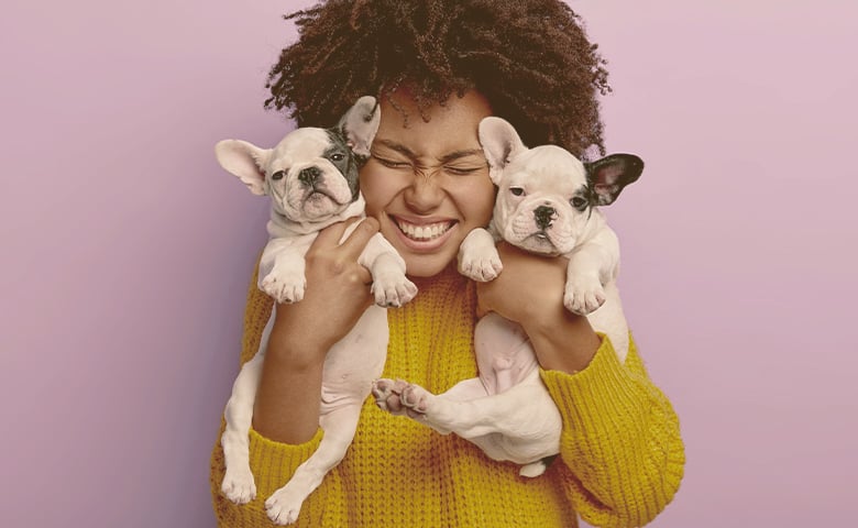 happy girl holding two French bulldog