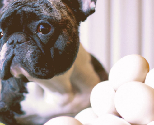 French Bulldog next to eggs