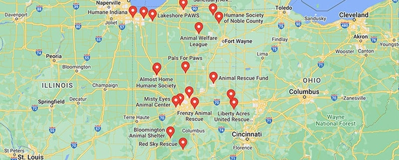 Screenshot of a map with French Bulldog Rescues in Indiana in Google Maps