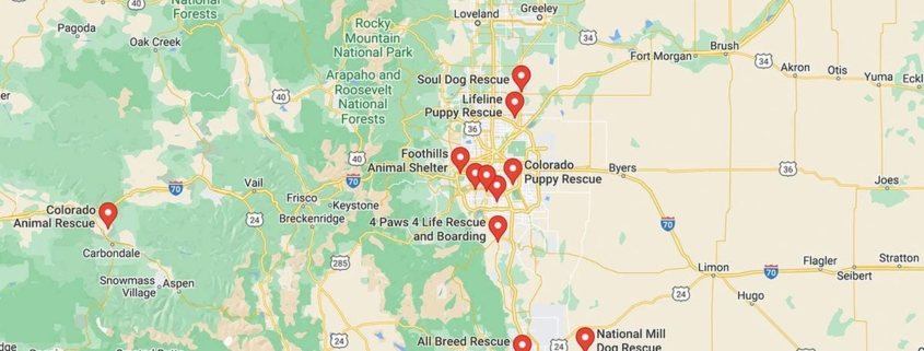 Screenshot of a map with Golden Retriever Rescues in Colorado in Google Maps