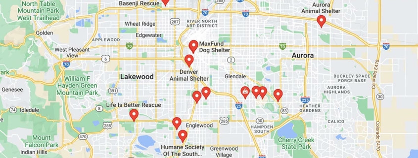 Screenshot of a map with French Bulldog Rescues in Denver in Google Maps