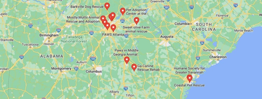 Screenshot of a map with French Bulldog Rescues in Georgia in Google Maps