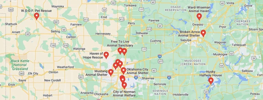 Screenshot of a map with French Bulldog Rescues in Oklahoma in Google Maps