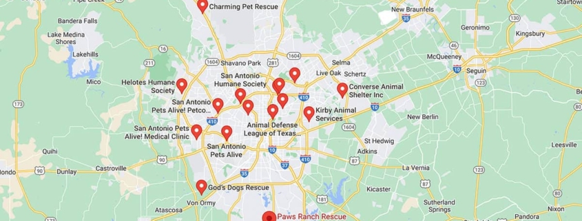 Screenshot of a map with French Bulldog Rescues in San Antonio in Google Maps